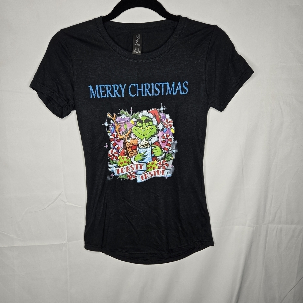 XS Black Festive Grinch Merry Christmas Holiday Womens Fitted Tee